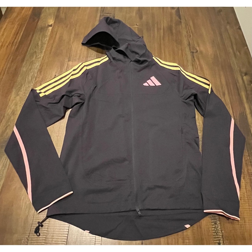 Adidas Men's Lightweight Hooded Jacket Gray Yellow Pink Stripes Athletic Size XS - Picture 2 of 9